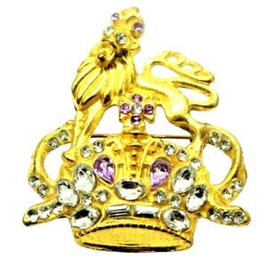 TBN Ten Prayer Lion Jeweled Crown Goldtone Brooch Pin